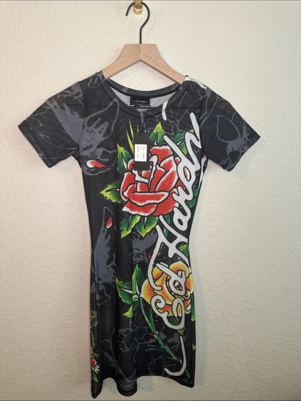 NWT Ed Hardy Black Mesh Swim Cover Up Dress Tattoo Graphic Sz L